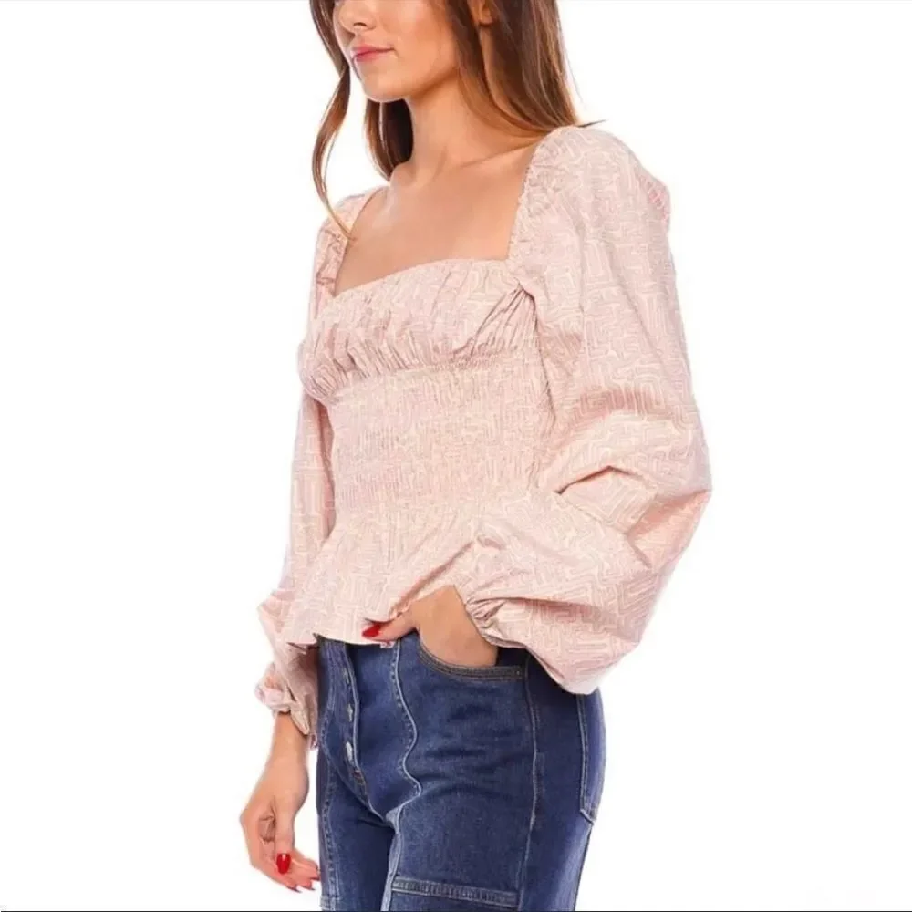Staud Jules Top Smocked Square Neck Puff Sleeve Long Sleeve Pastel Maze XS